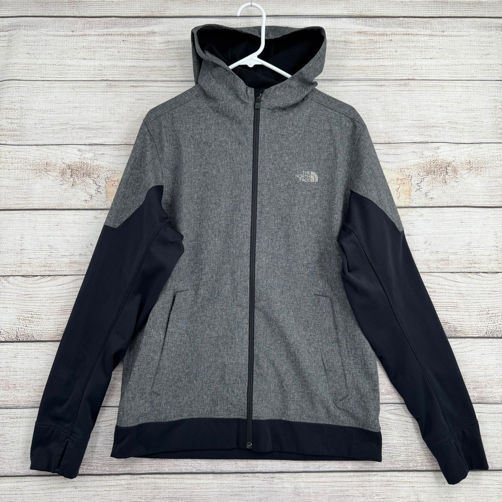 The North Face Full Zip Hoodie Mens Medium Gray Black Softshell Fleece Jacket
